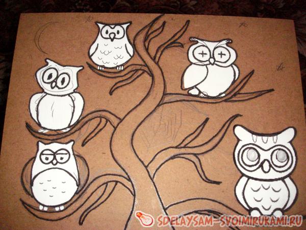 Картина Совушки в технике ниткография