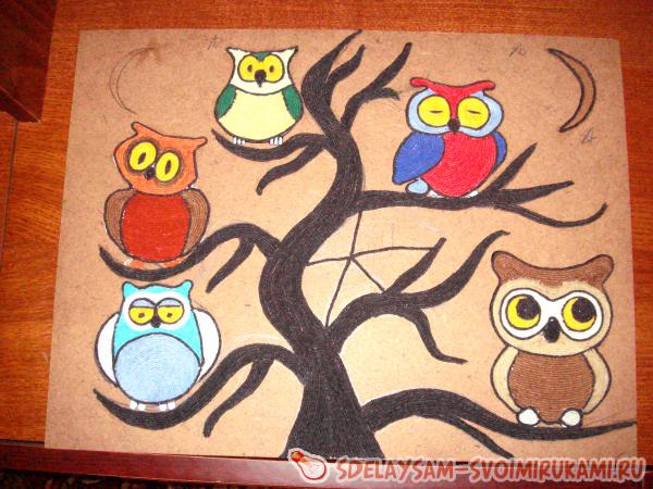 Картина Совушки в технике ниткография