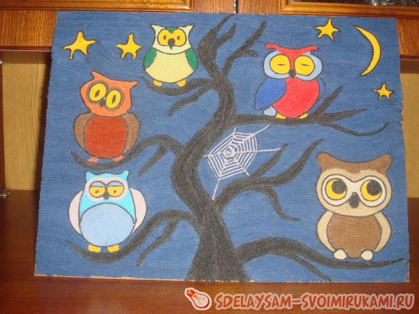 Картина Совушки в технике ниткография