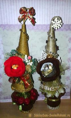 Новогодние елочки с конфетами в технике свит-дизайн
